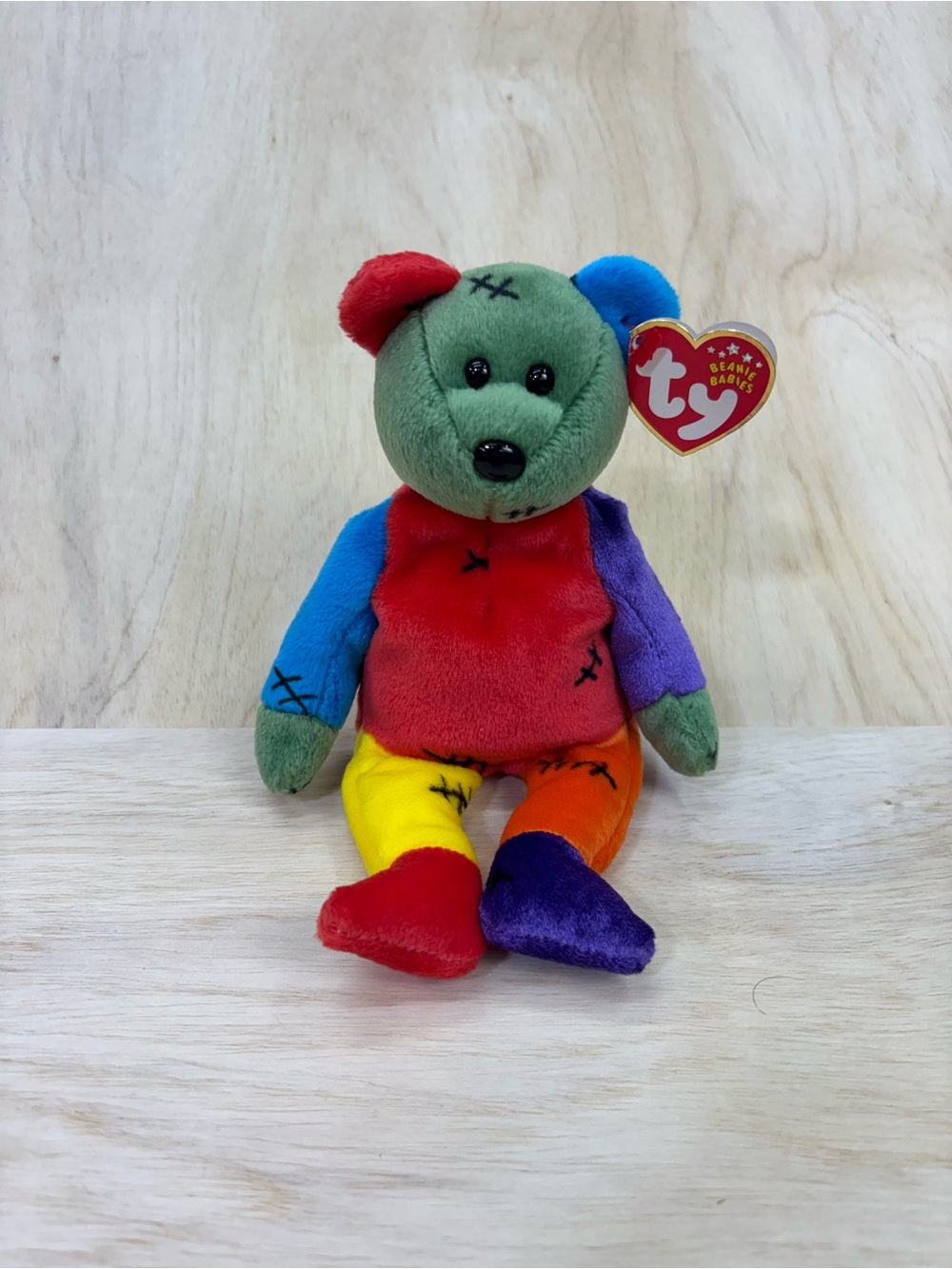 Ty Patchwork Rainbow Bear Plush - Green Red Blue Purple Yellow Orange